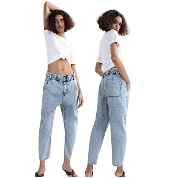 2/$30 Zara Paper Bag High Rise Button Fly Jean Pants, Blue Light Wash, Size 6 - Picture 1 of 10